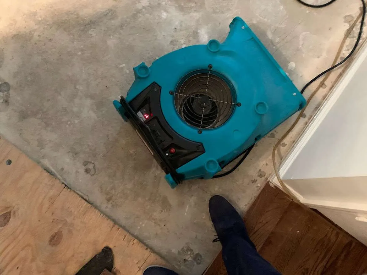 Air mover drying subfloor during Leak Detection & Repair in Peoria Heights